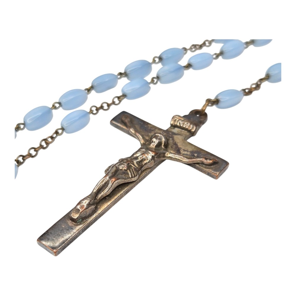 Vintage Catholic Rosary Light Blue Glass Beads Metal Crucifix Prayer Necklace - Picture 4 of 8
